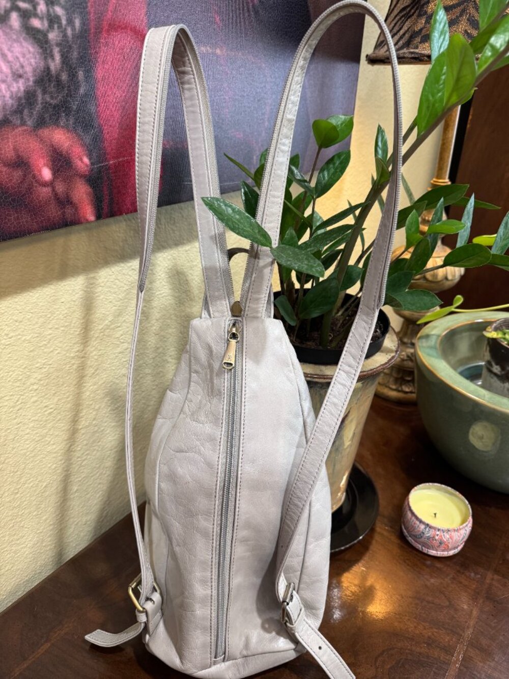 HOBO Genuine Leather Backpack Shoulder Bag Taupe Gray Excellent Condition